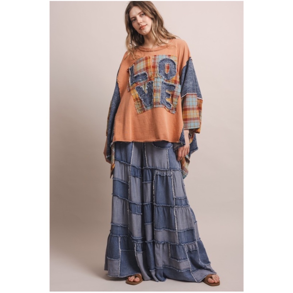 Bluevelvet Love Plaid Patchwork Denim Color block Loose Fit Poncho top
